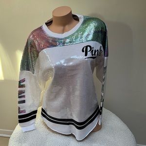 Victoria's Secret PINK LIMITED RELEASE 001 Bling Varsity Crew Neck Top Shirt S